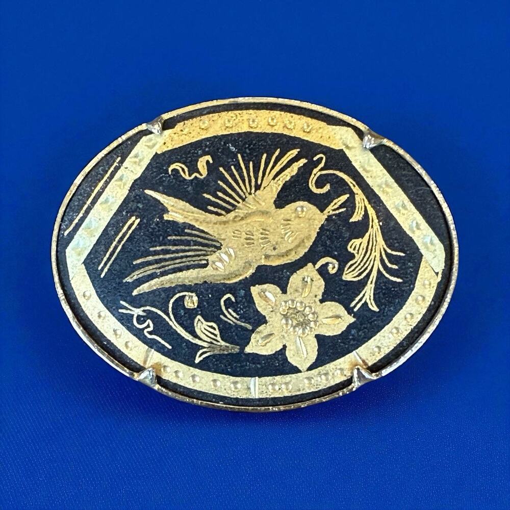 Damascene Trombone Clasp Brooch Pin Bird Flowers Oval Push-Pull Pin Vintage